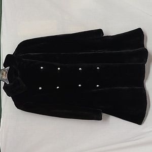 1964-1973 ILGWU Made in USA Black Faux Fur Long Pea Coat Silver Buttons Sz M/L